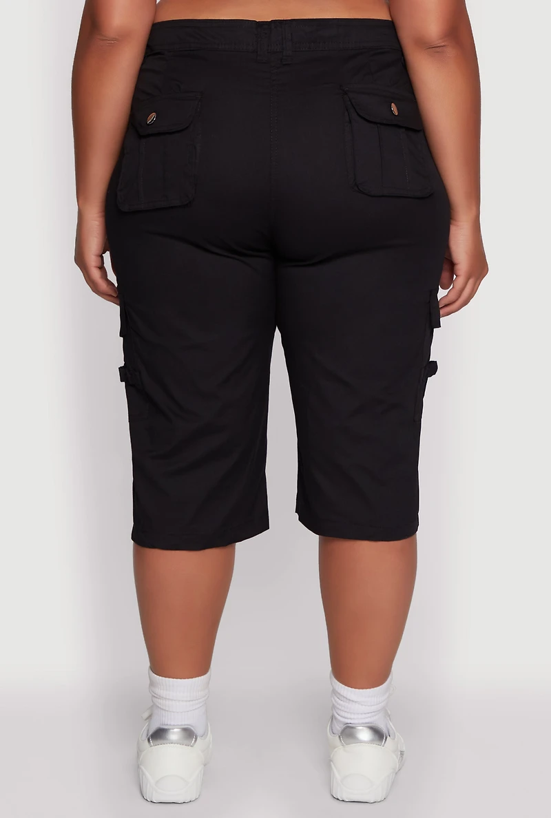 Plus High Waisted Poplin Cargo Shorts
