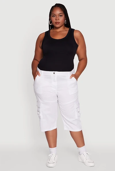 Womens Plus High Waisted Poplin Cargo Shorts, White,