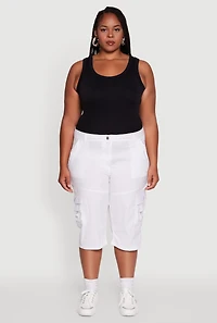 Womens Plus High Waisted Poplin Cargo Shorts, White,