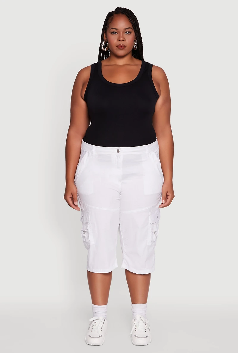 Womens Plus High Waisted Poplin Cargo Shorts, White,