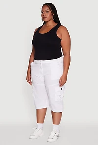 Womens Plus High Waisted Poplin Cargo Shorts, White,