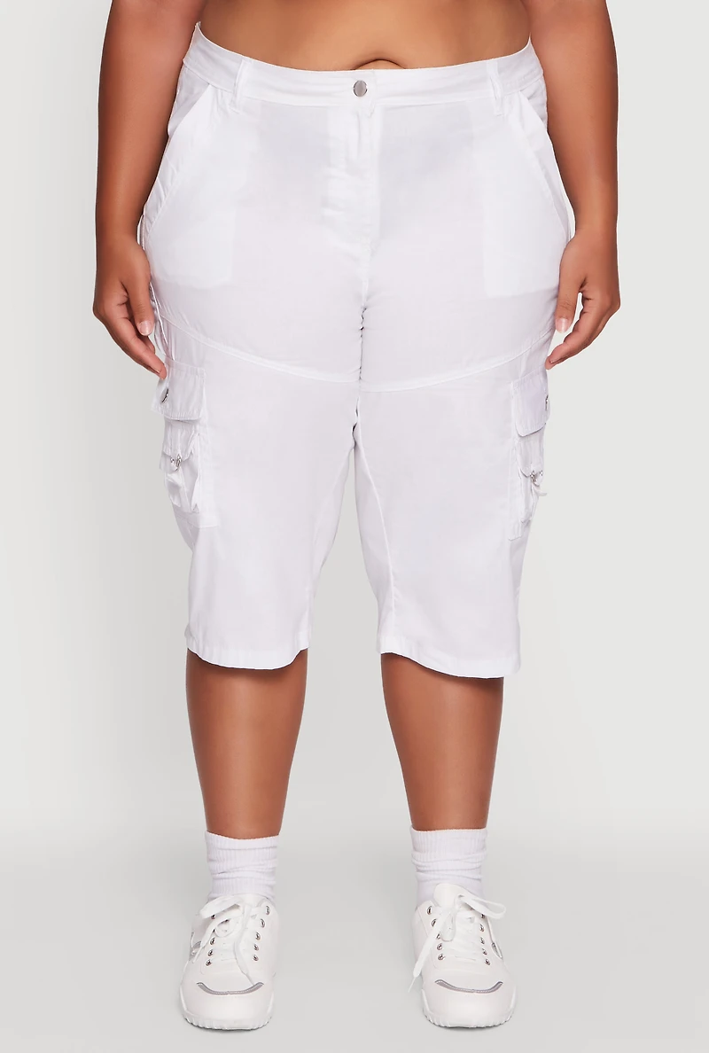 Womens Plus High Waisted Poplin Cargo Shorts, White,