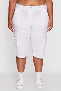 Womens Plus High Waisted Poplin Cargo Shorts, White,