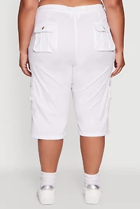 Womens Plus High Waisted Poplin Cargo Shorts, White,