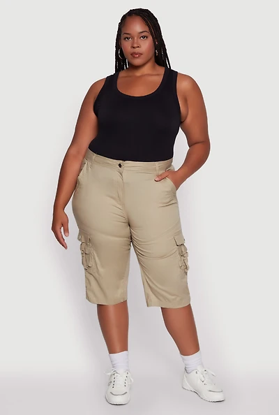 Womens Plus High Waisted Poplin Cargo Shorts, Khaki,