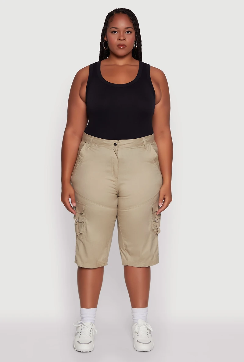 Womens Plus Size High Waisted Poplin Cargo Shorts, Khaki, Size 3X