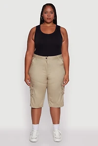 Womens Plus Size High Waisted Poplin Cargo Shorts, Khaki, Size 3X