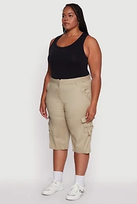 Womens Plus Size High Waisted Poplin Cargo Shorts, Khaki, Size 3X
