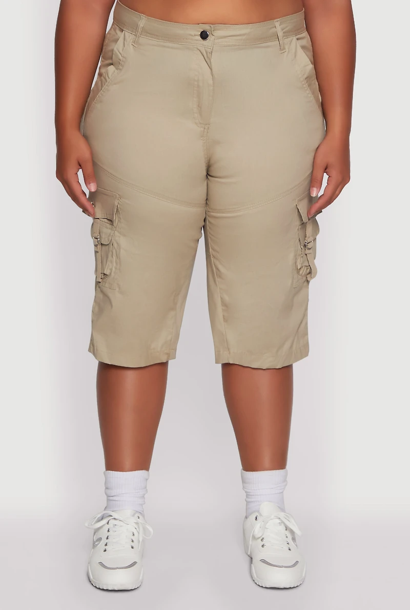 Womens Plus Size High Waisted Poplin Cargo Shorts, Khaki, Size 3X