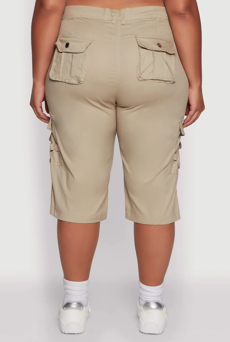 Womens Plus Size High Waisted Poplin Cargo Shorts, Khaki, Size 3X