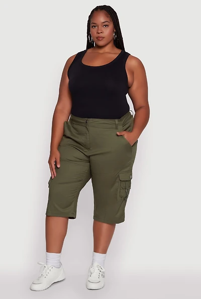 Womens Plus High Waisted Poplin Cargo Shorts,