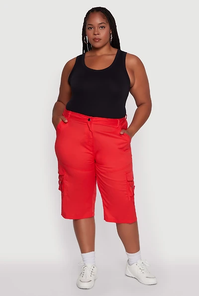 Womens Plus Size High Waisted Poplin Cargo Shorts, Red, Size 2X