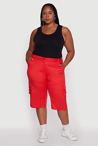 Womens Plus Size High Waisted Poplin Cargo Shorts, Red, Size 2X