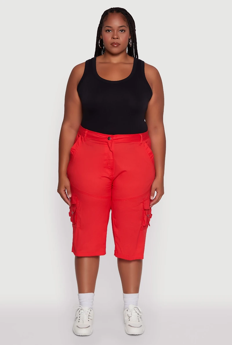 Womens Plus High Waisted Poplin Cargo Shorts,