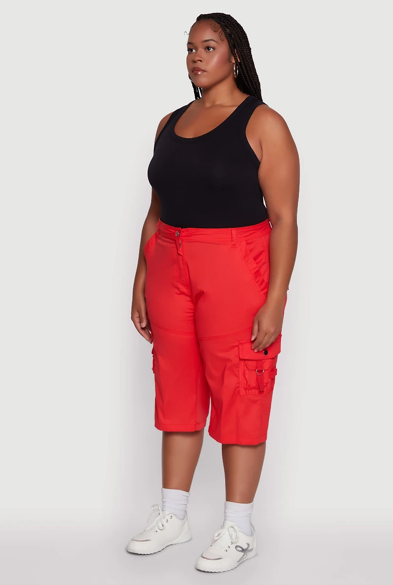 Womens Plus High Waisted Poplin Cargo Shorts,