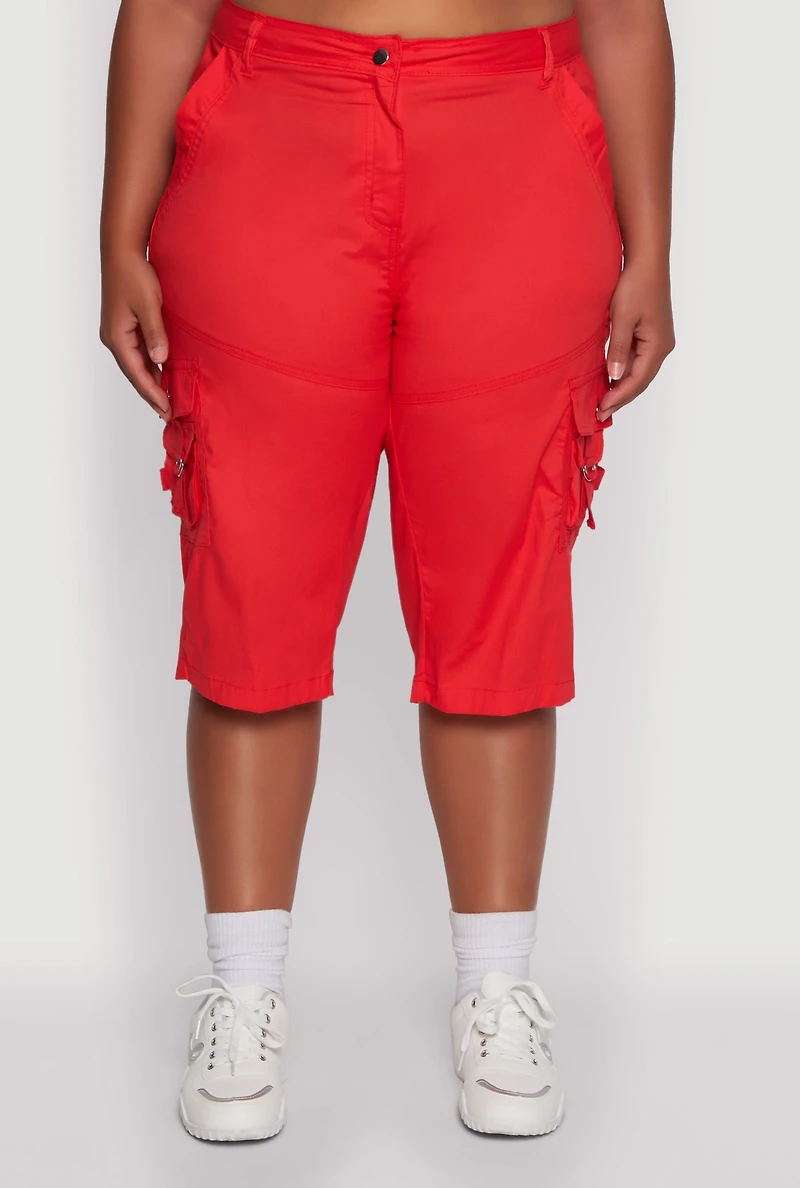 Womens Plus High Waisted Poplin Cargo Shorts,