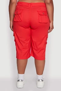 Womens Plus High Waisted Poplin Cargo Shorts,