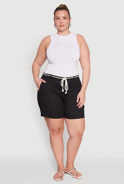 Womens Plus Size Rope Belted Shorts, Black, Size 2X