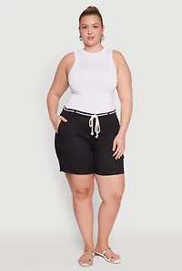 Womens Plus Size Rope Belted Shorts, Black, Size 2X