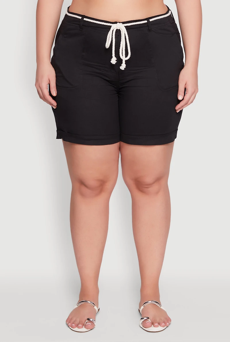 Womens Plus Size Rope Belted Shorts, Black, Size 2X