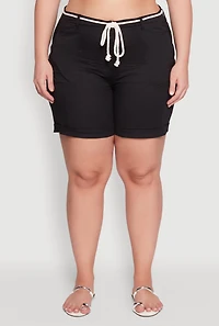 Womens Plus Size Rope Belted Shorts, Black, Size 2X
