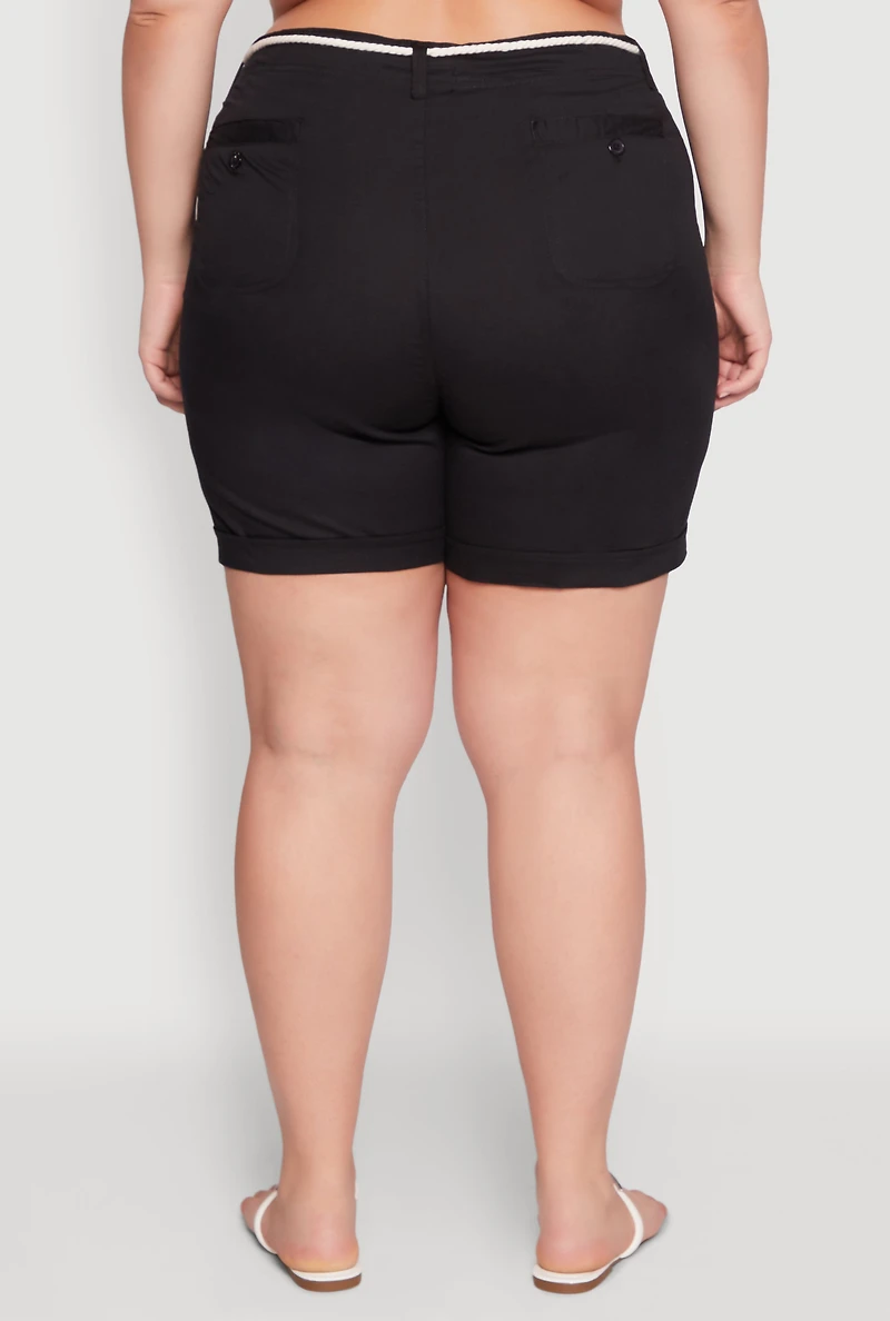 Womens Plus Size Rope Belted Shorts, Black, Size 2X