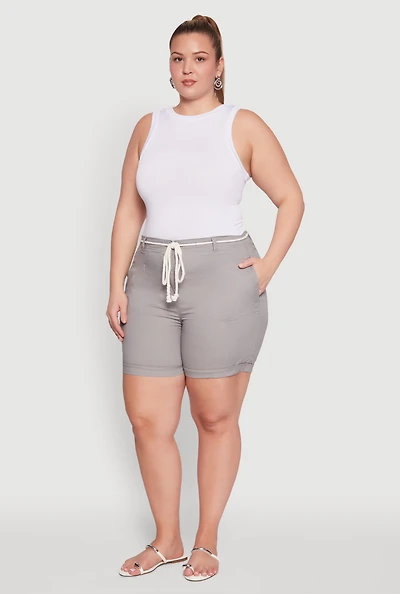 Womens Plus Size Rope Belted Shorts, Grey, Size 1X