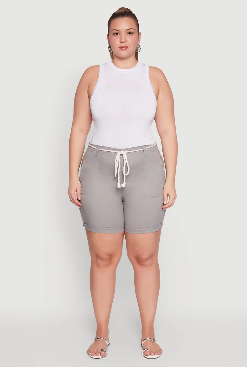 Womens Plus Size Rope Belted Shorts, Grey, Size 1X