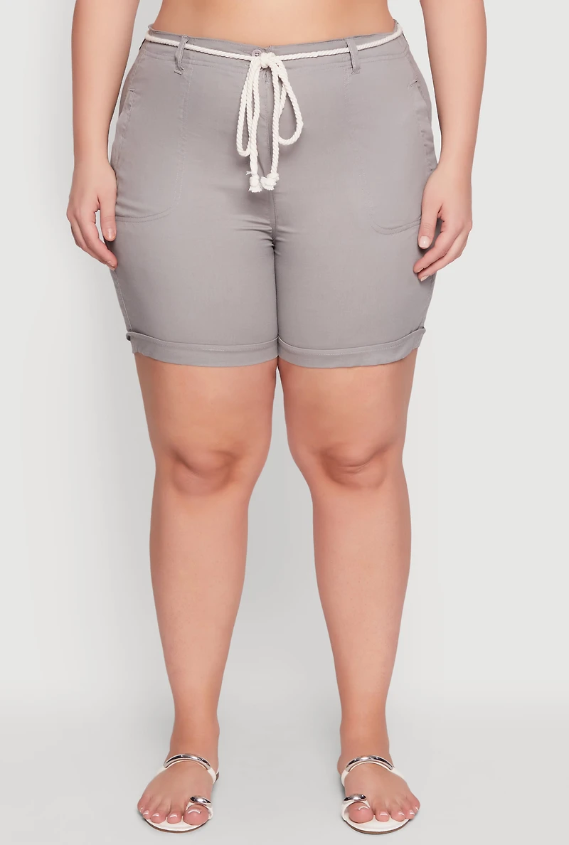 Womens Plus Size Rope Belted Shorts, Grey, Size 1X