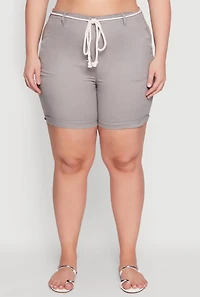 Womens Plus Size Rope Belted Shorts, Grey, Size 1X