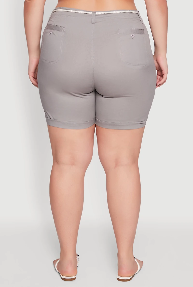 Womens Plus Size Rope Belted Shorts, Grey, Size 1X