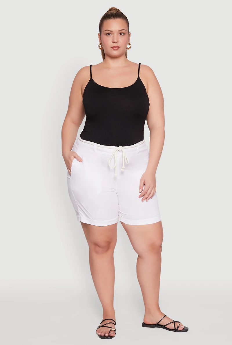 Womens Plus Size Rope Belted Shorts, White, Size 2X