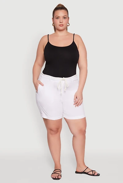 Womens Plus Size Rope Belted Shorts, White, Size 2X