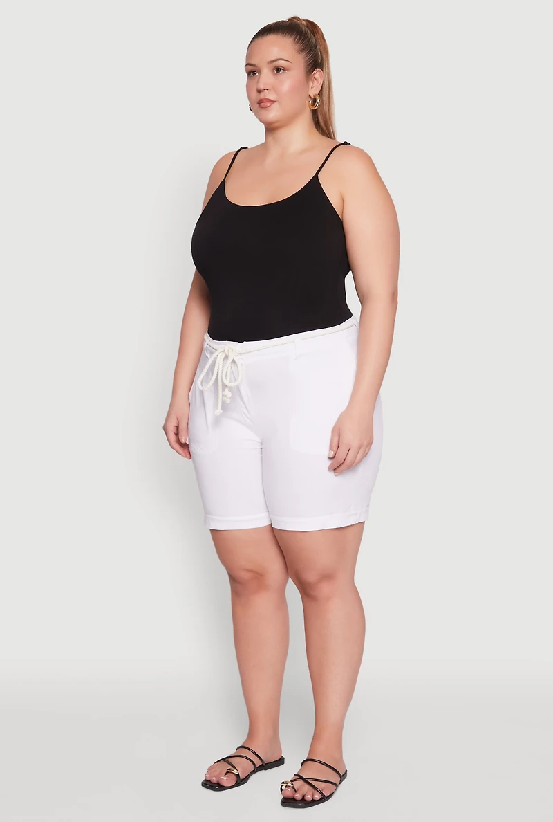 Womens Plus Size Rope Belted Shorts, White, Size 2X