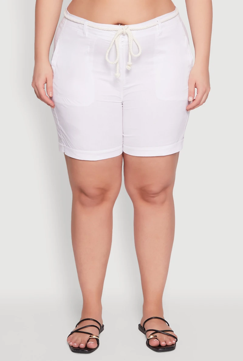 Womens Plus Size Rope Belted Shorts, White, Size 2X