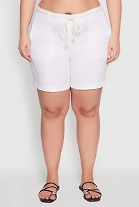 Womens Plus Size Rope Belted Shorts, White, Size 2X