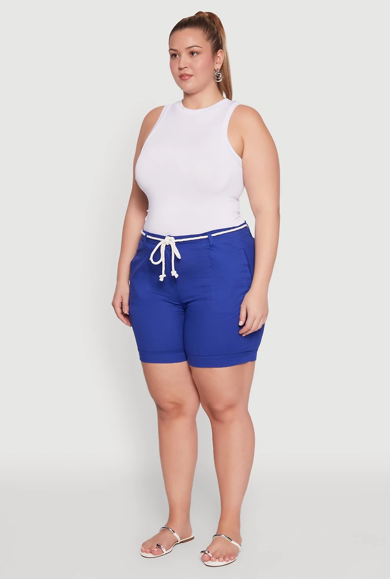 Womens Plus Size Rope Belted Shorts, Blue, Size 2X