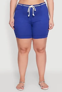 Womens Plus Size Rope Belted Shorts, Blue, Size 2X