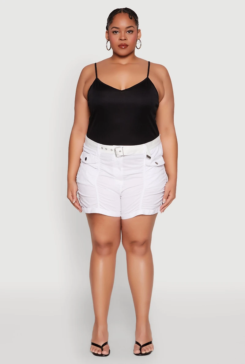 Womens Plus Size Ruched Belted Shorts, White, Size 3X