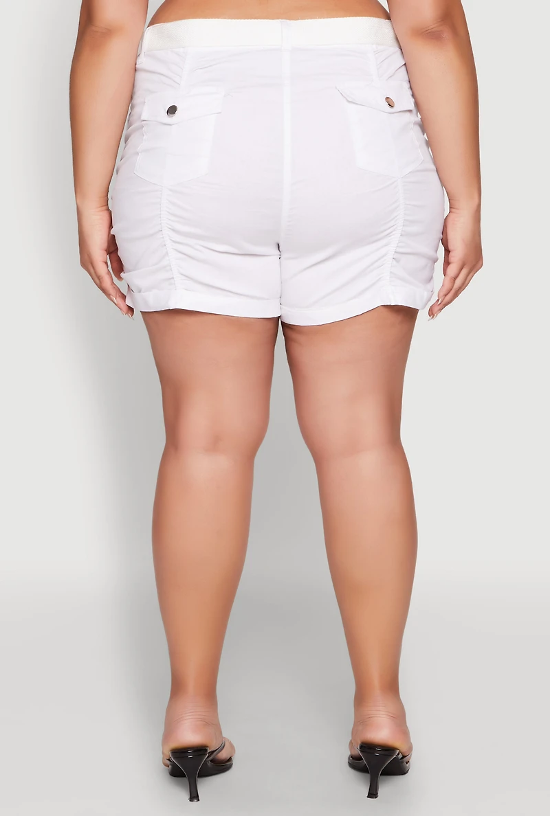 Womens Plus Size Ruched Belted Shorts, White, Size 3X
