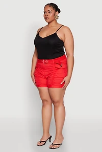 Womens Plus Size Ruched Belted Shorts, Red, Size 2X