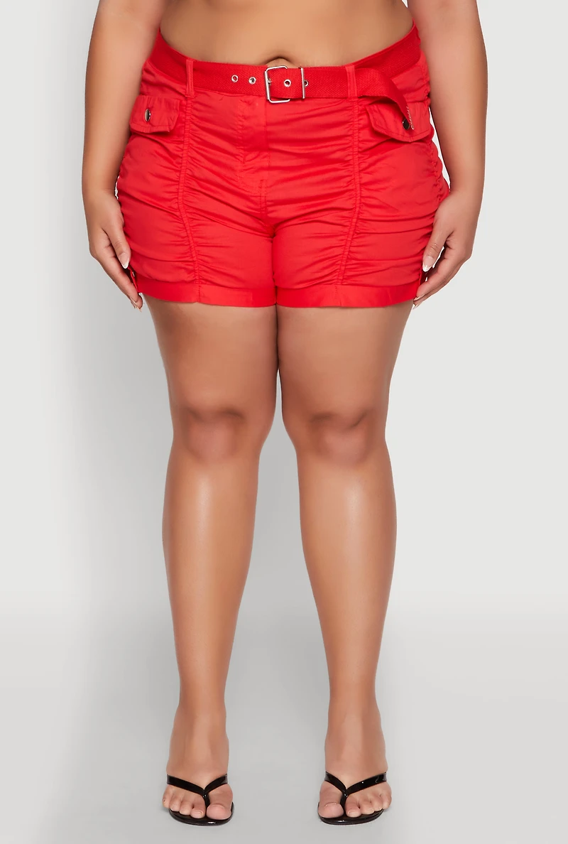 Womens Plus Size Ruched Belted Shorts, Red, Size 2X