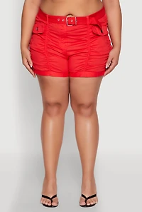 Womens Plus Size Ruched Belted Shorts, Red, Size 2X