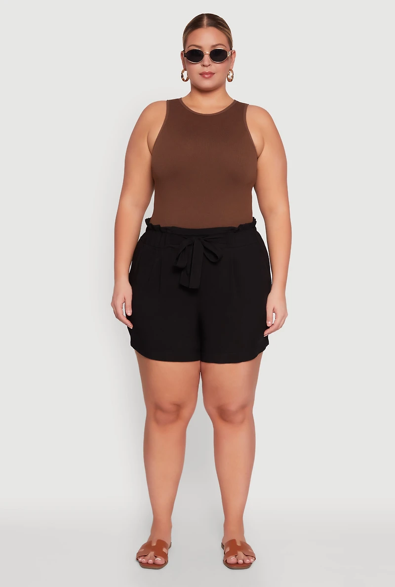 Womens Plus Size Tie Waist Paper Bag Shorts, Black, Size 2X