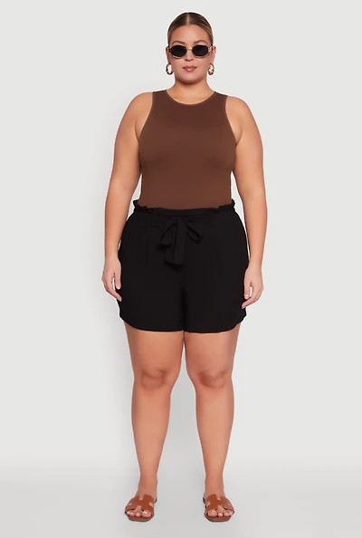 Womens Plus Size Tie Waist Paper Bag Shorts, Black, Size 2X