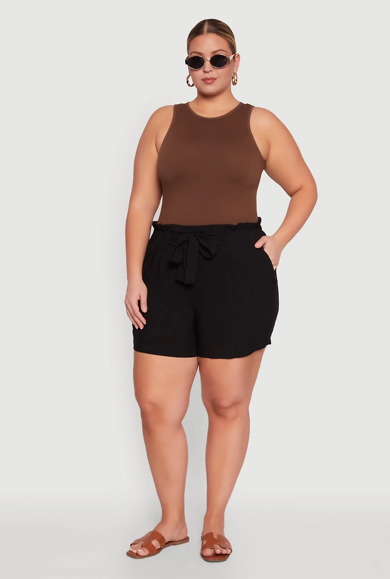 Womens Plus Size Tie Waist Paper Bag Shorts, Black, Size 3X