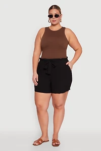 Womens Plus Size Tie Waist Paper Bag Shorts, Black, Size 3X