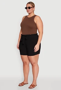 Womens Plus Size Tie Waist Paper Bag Shorts, Black, Size 2X
