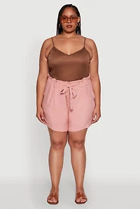 Womens Plus Tie Waist Paper Bag Shorts, Pink,