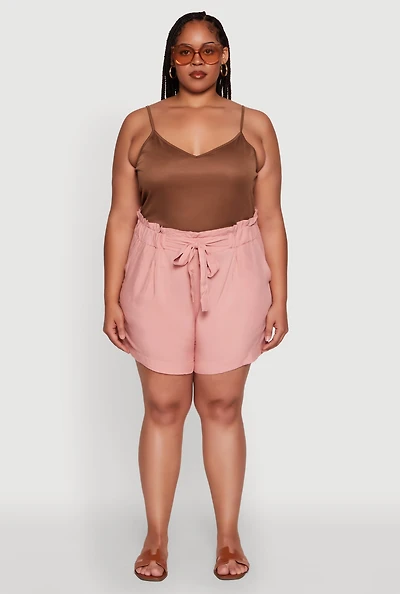 Womens Plus Size Tie Waist Paper Bag Shorts, Pink, Size 3X